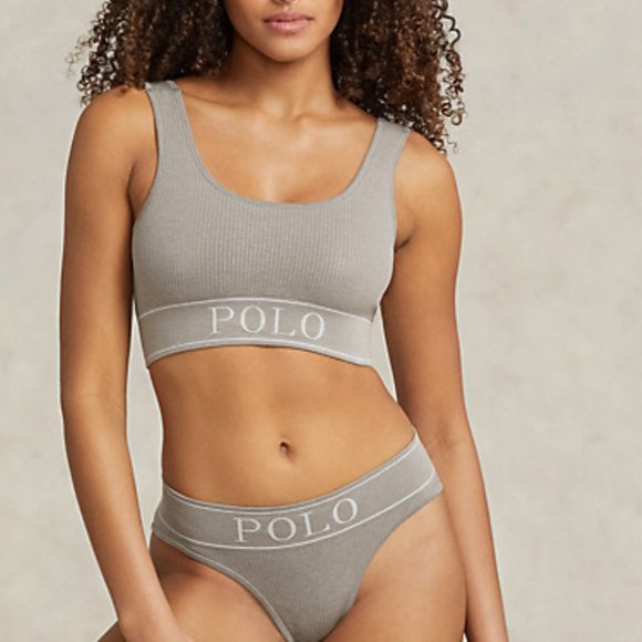 Sold Out New Polo Ralph Lauren Grey Rib-Knit Logo Crop Top $68 - Picture 1 of 3
